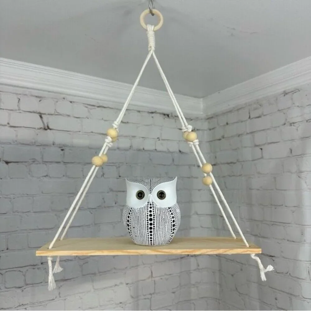 Lot of 2 Macrame Hanging Shelves Natural Wood Boho Floating Wall Decor‎